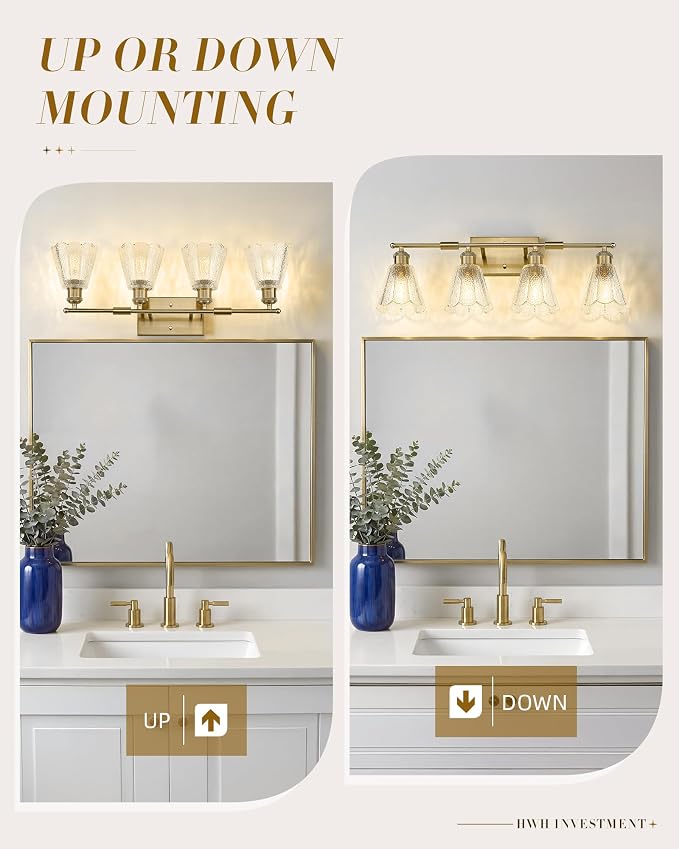 HWH 4-Light Bathroom Light Fixture, Clear Floral Glass, 5HJX110B-4W BG | Brushed Gold Finish, Modern, 27 Inch Vanity Lights Over Mirror, Sconce Wall Lighting for Bedroom, E26 Base For Common Bulbs