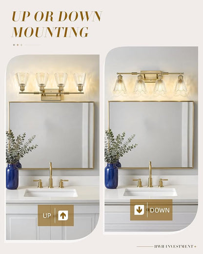 HWH 4-Light Bathroom Light Fixture, Clear Floral Glass, 5HJX110B-4W BG | Brushed Gold Finish, Modern, 27 Inch Vanity Lights Over Mirror, Sconce Wall Lighting for Bedroom, E26 Base For Common Bulbs