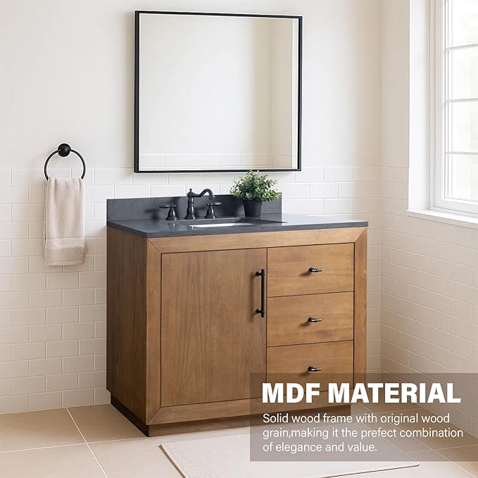 HOMEBEYOND 42" Bathroom Vanity with Single Sink & Ceramic Top, MDF Material Vanity Cabinet with Basin Combo, Soft-Closing Doors, Removable Shelf, Backsplash, Tan