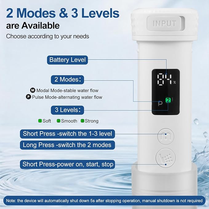 Portable Bidet for Travel, IPX7 Rechargeable Travel Bidet 210ml 4 Nozzles | LED Display, 2 Modes & 3 Pressure Levels, 180° Adjustable, Replacement Nozzles,USB Rechargeable,for Women Men Cleaning,White