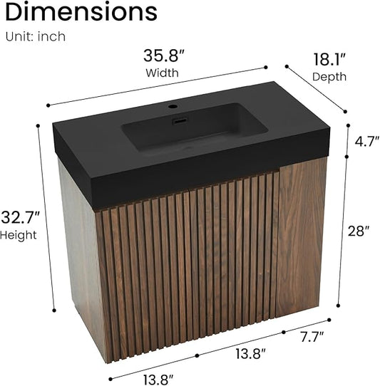 36" Bathroom Vanity with Sink Combo, Mid Century Modern Bathroom Cabinet with Doors & Open Shelf, Matte Black Integrated Sink with Overflow, Brown Walnut