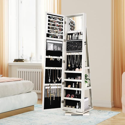 360° Rotating Jewelry Armoire, Freestanding Jewelry Cabinet with Inside Makeup Mirror, 2-in-1 Lockable Jewelry Organizer w/Full-Length Mirror for Women (Grayish White)