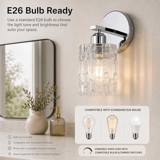 2-Pack Chrome Crystal Bathroom Vanity Lights, 1-Light Wall Mount Fixture for Over Mirror, Modern Wall Light for Bathroom, Bedroom, Hallway