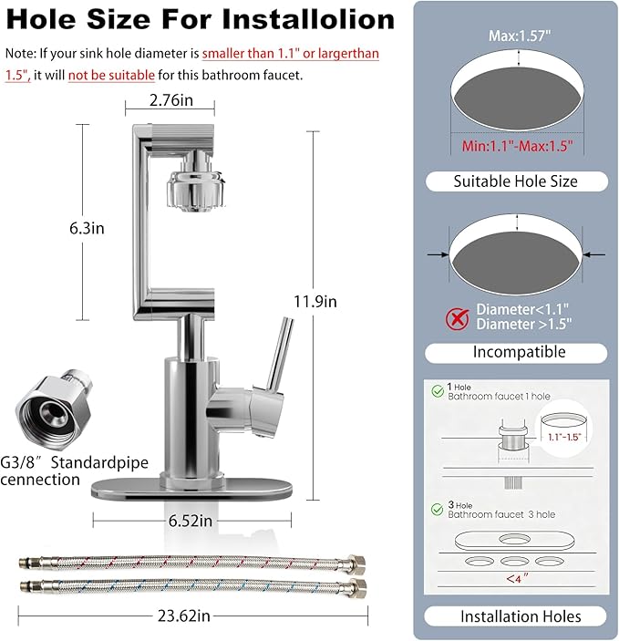 1080° Rotatable Bathroom Faucet, Chrome SUS304, Dual Spray Modes | Universal Height Adjustable Faucet for Farmhouse Sink, Vanity, Washbasin & RV, Single/3-Hole, Anti-Splash Easy Install