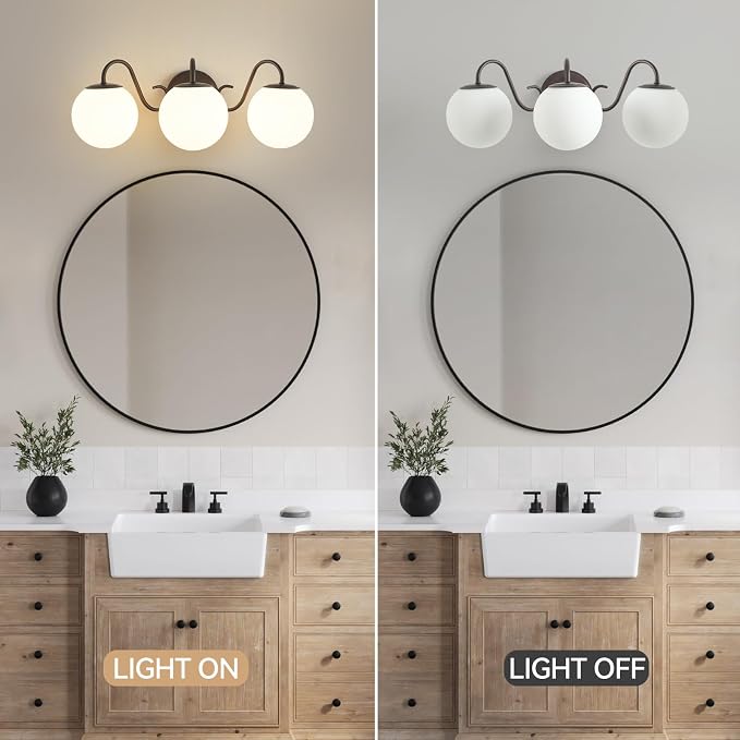 3 Lights Vintage Bathroom Vanity Light Fixtures Over Mirror, Oil Rubbed Bronze Vanity Lights For Bathroom With Milk Glass Globe Shade, Wall Lights For Bedroom, Hallway, Dressing Table(G9 Incl.)