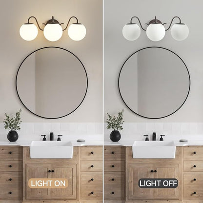 3 Lights Vintage Bathroom Vanity Light Fixtures Over Mirror, Oil Rubbed Bronze Vanity Lights For Bathroom With Milk Glass Globe Shade, Wall Lights For Bedroom, Hallway, Dressing Table(G9 Incl.)