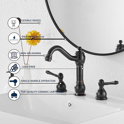GGStudy 2 Handles 3 Holes Faucet Widespread Bathroom Sink Faucet Basin Tap Mixer Supply Hose Included Matching Pop Up Drain Oil Rubbed Bronze