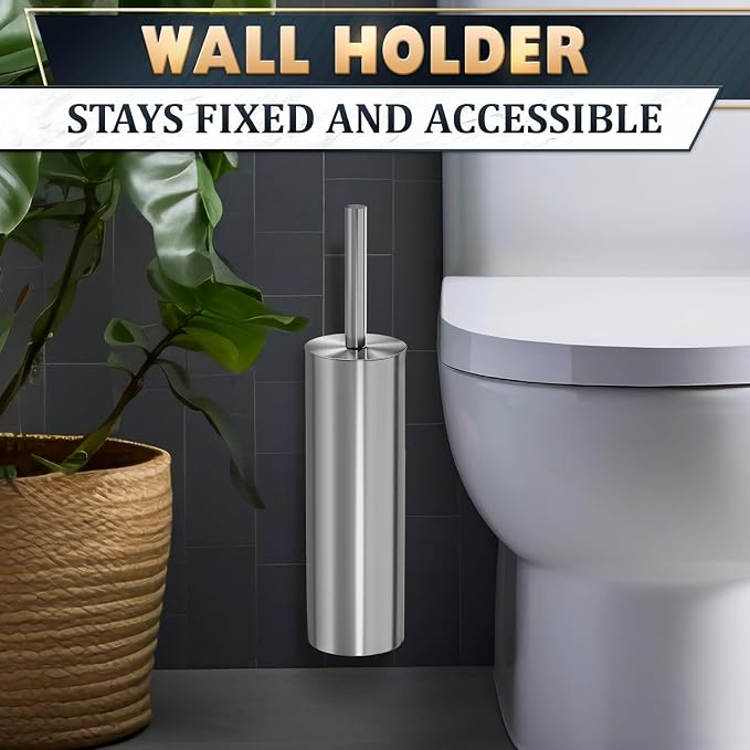 Silver Toilet Brush and Holder Set, Stainless Steel (Wall Mounted) | Bathroom Trash Can and Toilet Brush Set, Splash Protection & Dense Bristles for Bathroom Cleaning, Fits Most Standard Toilets