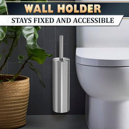 Silver Toilet Brush and Holder Set, Stainless Steel (Wall Mounted) | Bathroom Trash Can and Toilet Brush Set, Splash Protection & Dense Bristles for Bathroom Cleaning, Fits Most Standard Toilets