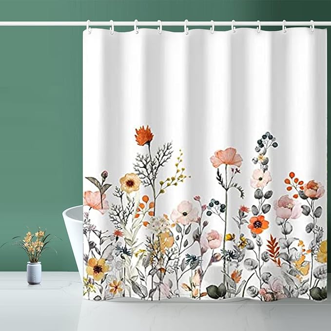 Shower Curtain, Floral Shower Curtain White Fabric Shower Curtain - 72" W x 72" L with 12 Hooks for Home Hotel Shower Curtains for Bathroom Waterproof Bathroom Shower Curtain Lined