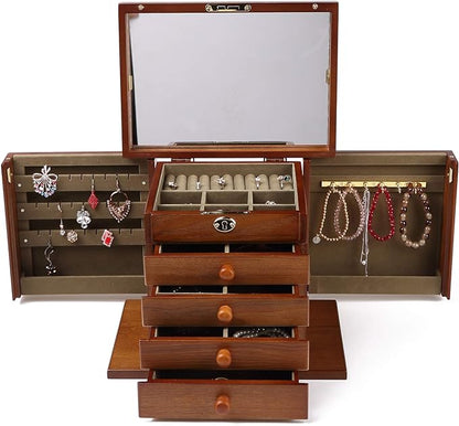 Changsuo Wooden Jewelry Box for Women, Organizer Box of Solid Wood with Lock and Key for Jewelries, Watches, Necklace, Ring, Lockable Storage Case (Dark Brown)