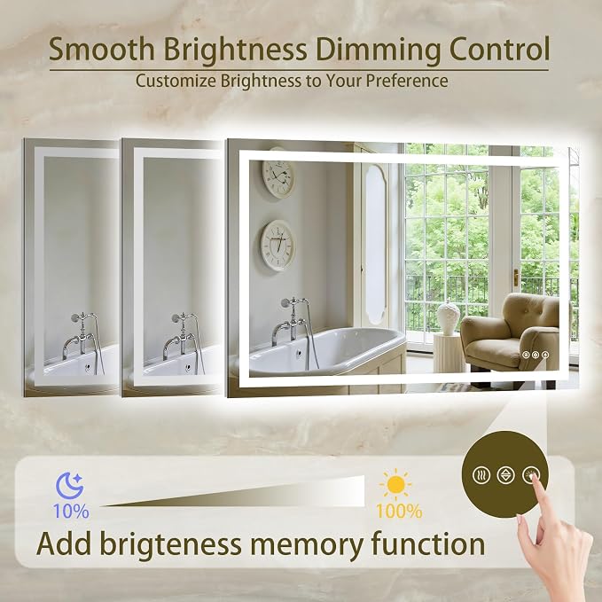 36"x55" LED Bathroom Mirror with Lights, Anti-Fog, Backlit+Frontlit | CRI 95, Stepless Dimmable, 3 Colors Lighting, Shatterproof Tempered Glass, HD Reflection, Memory, (Horizontal/Vertical)