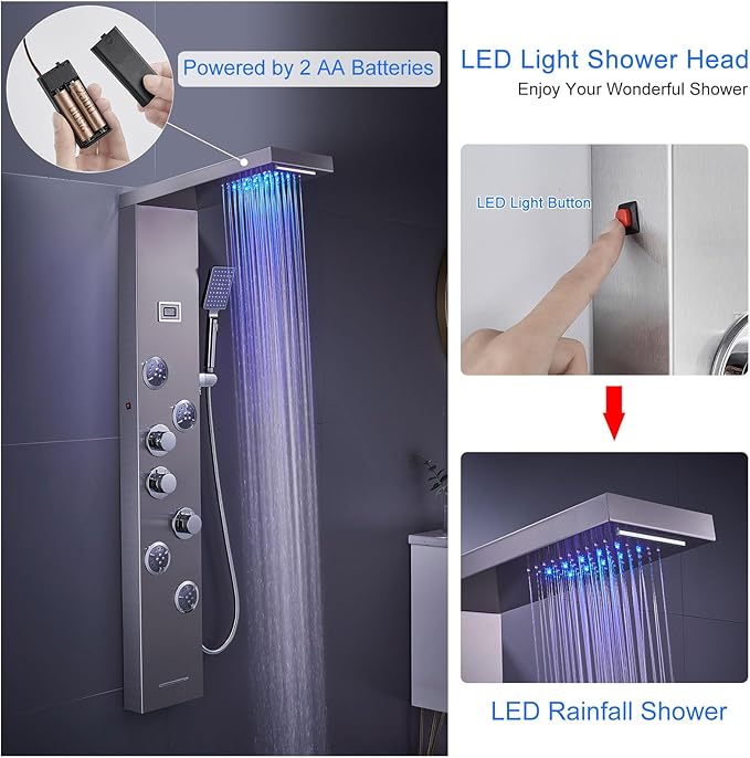 MENATT LED Shower Panel Tower System, 6 in 1 Stainless Steel LED Shower Column, Rainfall & Waterfall Head, Massage Jets, Tub Spout, Handheld Shower(Brushed)