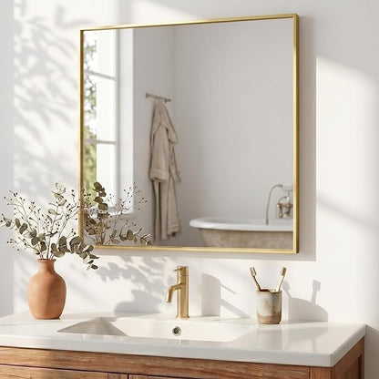30"x30" Satin Gold Framed Square Bathroom Vanity Wall Mirror | Accent Wall Mirror, Square Geometric Look, Slim Metal Frame, Living Room or Entryway, Keyhole Mount, Tempered Glass