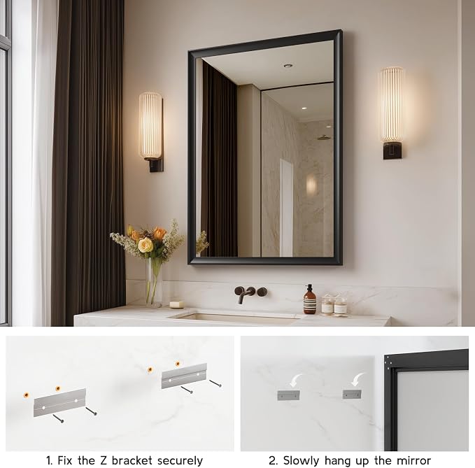 30x40 Inch Black Bathroom Mirrors for Over Sink | Rectangle Vanity Wall Mirror for Bedroom, Entryway, Living Room Decor, Aluminum Framed, Curved Wide Edge, Anti-Rust
