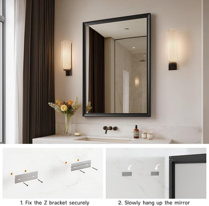 30x40 Inch Black Bathroom Mirrors for Over Sink | Rectangle Vanity Wall Mirror for Bedroom, Entryway, Living Room Decor, Aluminum Framed, Curved Wide Edge, Anti-Rust