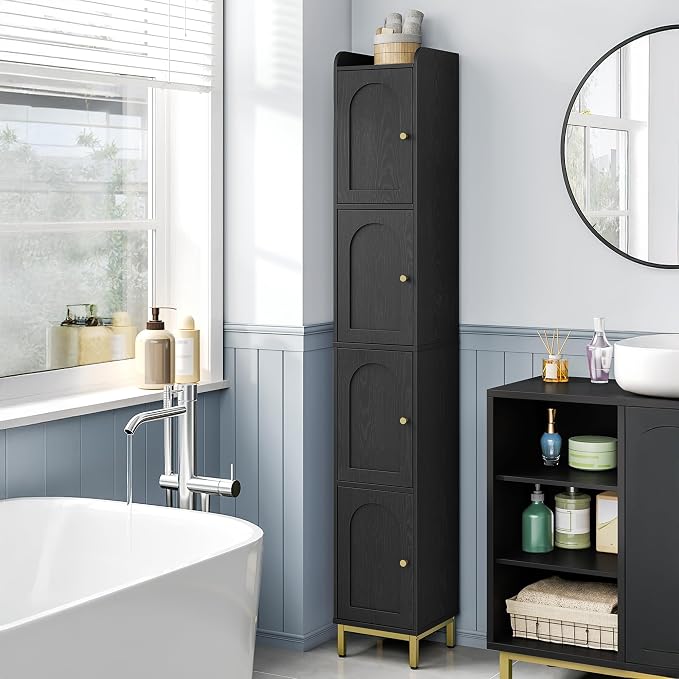 Hzuaneri 4-Tier Narrow Tall Storage Cabinet | Slim Bathroom Storage Cabinet with 4 Adjustable Feet and Shelves, for Living Room, Laundry Room, Black,11"D x 11"W x 70.9"H