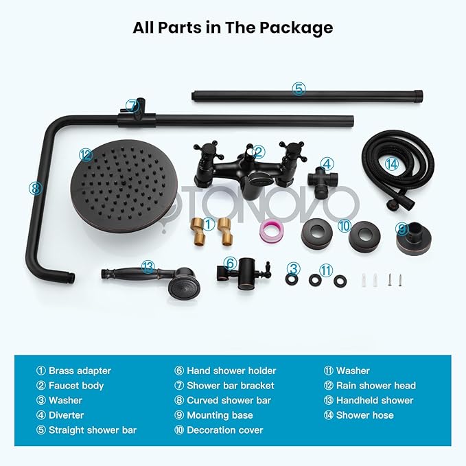 gotonovo Exposed Bathroom Shower Faucet Wall Mounted Shower System 8 Inch Shower Head and Tub Spout Double Cross Handles Adjustable Handheld Sprayer Straight Pipe Oil Rubbed Bronze