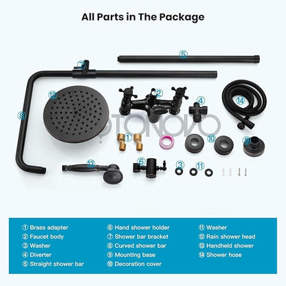 gotonovo Exposed Bathroom Shower Faucet Wall Mounted Shower System 8 Inch Shower Head and Tub Spout Double Cross Handles Adjustable Handheld Sprayer Straight Pipe Oil Rubbed Bronze