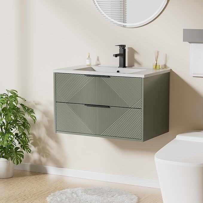 LUCKWIND 30" Floating Bathroom Vanity with Sink Combo, Wall Mounted Floating Cabinet with 2 Large Soft-Close Drawers & Water Saving Faucet, Geometric Textured Design in Green
