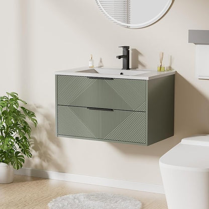 LUCKWIND 30" Floating Bathroom Vanity with Sink Combo, Wall Mounted Floating Cabinet with 2 Large Soft-Close Drawers & Water Saving Faucet, Geometric Textured Design in Green