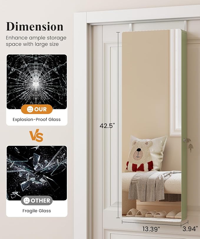 LVSOMT Over the Door Jewelry Organizer with Mirror Door Mirror with Storage | Jewelry Mirror Cabinet with Large Capacity, 6 LED Lights,Velvet Lining, Space-Saving for Bedroom, Cloakroom, Gift Women Girls