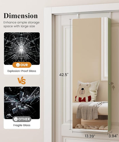 LVSOMT Over the Door Jewelry Organizer with Mirror Door Mirror with Storage | Jewelry Mirror Cabinet with Large Capacity, 6 LED Lights,Velvet Lining, Space-Saving for Bedroom, Cloakroom, Gift Women Girls