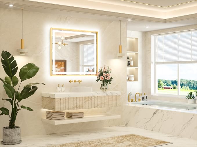 42 x 36 Led Mirror Brushed Gold Metal Frame Frontlit & Backlit Vanity Mirror Anti-Fog Stepless Dimmable 3 Colors White/Warm/Natural Wall Mirror with Lights Wall-Mounted
