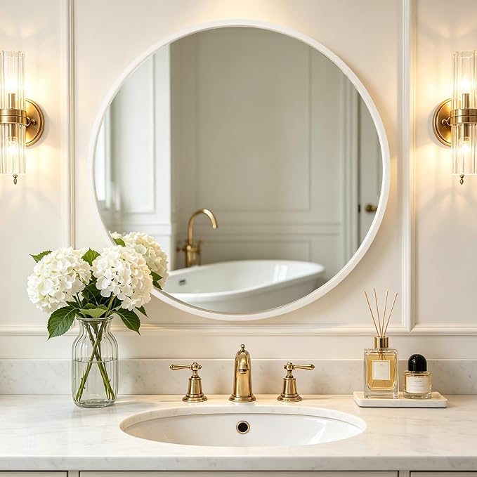 Round Wood Mirror 32 inch Circle Wall Mirror for Bathroom Round Wall Mirror for Wall Decor, Vanity, Entryway Living Room (White)