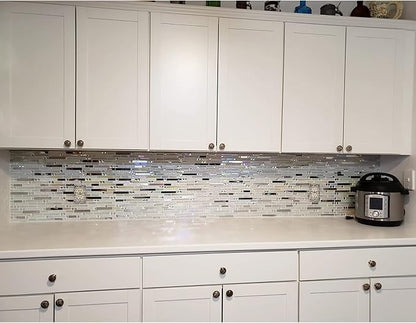 Glass Metal Tile Iridescent White Glass Silver Mirror Stainless Steel Blends Interlocking Strip Wall Tiles TSTNB01 (Pack of 5 Sheets)
