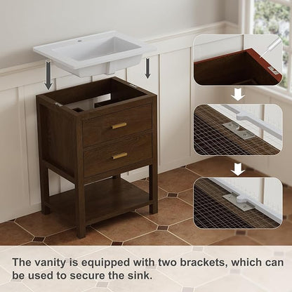 24 Inch Bathroom Vanity with Sink, Farmhouse Storage Cabinet with Drawers & Open Storage Shelf, Easy Assembly, Adjustable Feet, Walnut
