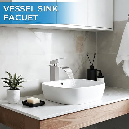 Nickel Bathroom Faucets, Tall Waterfall Bathroom Sink Faucet Modern Single Handle Bathroom Faucte 1 Hole, Tall Spout Vessel Faucet Mixer Tap Washbasin Faucet with Pop-up Drain, Supply Hoses