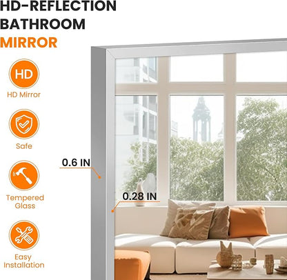 Bathroom Vanity Mirror for Wall, 30"x30" Bathroom Mirror for Over Sink | HD Shatterproof Glass, Rectangular Metal Frame, Mirror for Bathroom, Living Room, Entryway, Silver