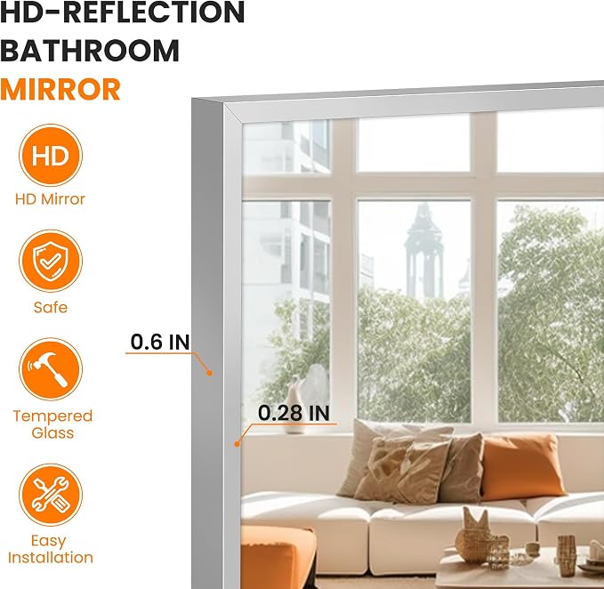 Bathroom Vanity Mirror for Wall, 24"x36" Bathroom Mirror for Over Sink | HD Shatterproof Glass, Rectangular Metal Frame, Horizontally or Vertically, Mirror for Bathroom, Living Room, Entryway,Silver