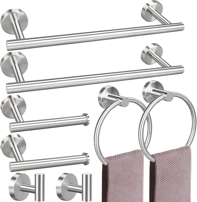 8 Pieces Bathroom Towel Rack Set, Includes 2PCS 23.6 inch Towel bar, 2PCStowel Hook, 2 PCS Towel Ring, 2PCS Toilet Paper Holder-Brushed Nickel Bathroom Accessories Sets