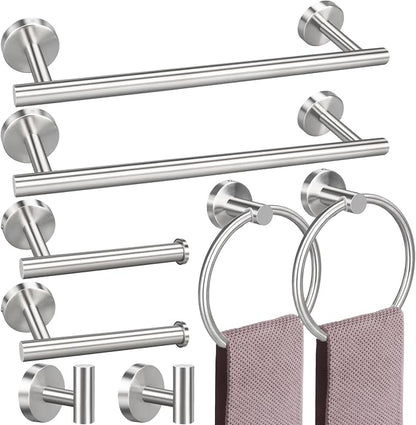 8 Pieces Bathroom Towel Rack Set, Includes 2PCS 23.6 inch Towel bar, 2PCStowel Hook, 2 PCS Towel Ring, 2PCS Toilet Paper Holder-Brushed Nickel Bathroom Accessories Sets