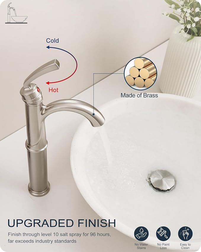 Brass Vessel Faucet Brushed Nickel, 1 Hole Tall Faucet for Bathroom Sink with Single Handle, Pop Up Drain & cUPC Water Hoses, Classic Aerator Style for Vessel Sink, 5 Mins Quick Installation
