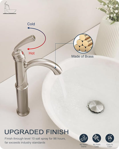 Brass Vessel Faucet Brushed Nickel, 1 Hole Tall Faucet for Bathroom Sink with Single Handle, Pop Up Drain & cUPC Water Hoses, Classic Aerator Style for Vessel Sink, 5 Mins Quick Installation