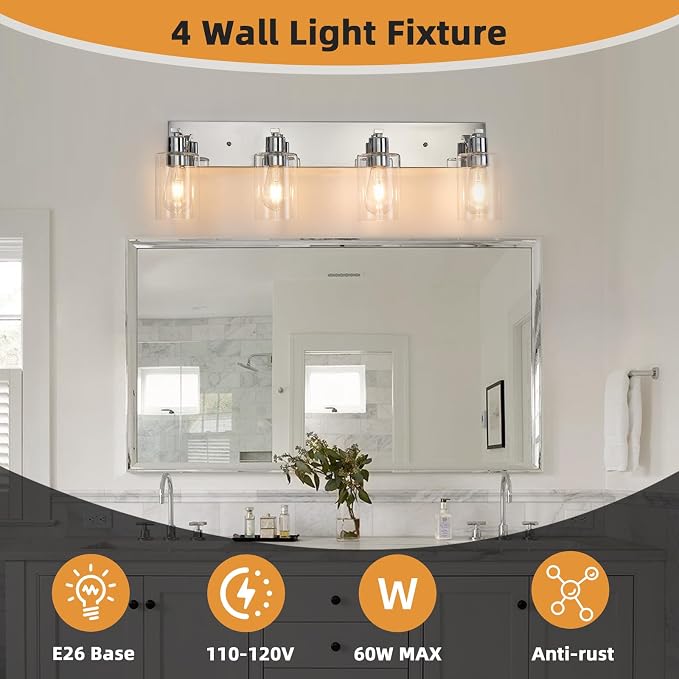 4 Lights Bathroom Light Fixtures Chrome Vanity Light with Clear Glass Shade 30in Modern Bathroom Lighting Fixtures Over Mirror for Bedroom/Living Room