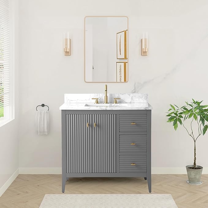 HOMEBEYOND 36" Bathroom Vanity with Sink, Solid Wood Bathroom Vanity Free-Standing Cabinet, Drawers, Ceramic Top & Soft Closing Door, Golden Brushed Handware, Cashmere Gray
