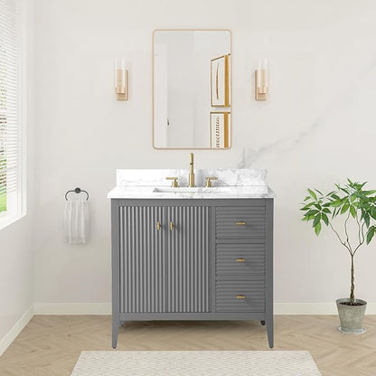 HOMEBEYOND 36" Bathroom Vanity with Sink, Solid Wood Bathroom Vanity Free-Standing Cabinet, Drawers, Ceramic Top & Soft Closing Door, Golden Brushed Handware, Cashmere Gray