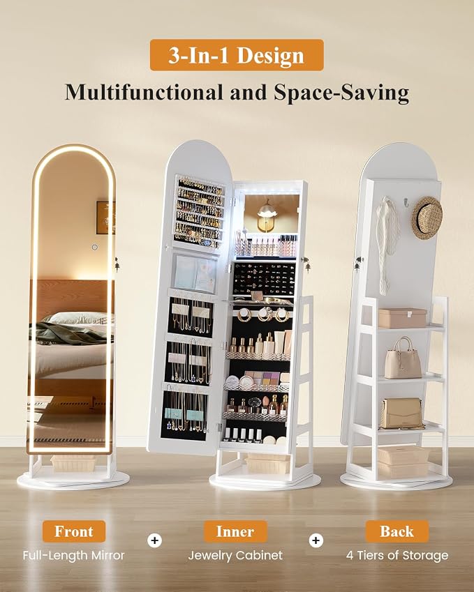 LVSOMT LED Arched Mirror Jewelry Cabinet Standing, Lockable Jewelry Armoire | 360° Swivel Full-Length Mirror with Storage, Large Jewelry Organizer Mirror, Foldable Makeup Shelf, Gift for Women, Black