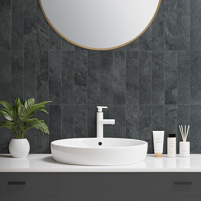 AULIGET 4-Piece Black Slate Peel and Stick Backsplash Wall Tiles, 3" x 12" PVC Faux Stone Stick on Tiles for Backsplash Kitchen, Bathroom, Laundry Room, Camper, Fireplace