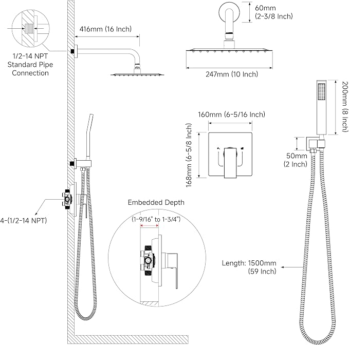 EMBATHER Shower System,10"Shower Faucet Set with Rain Shower Head and Handheld Spray Combo,Included Valve and Trim Kit,Mattle Black