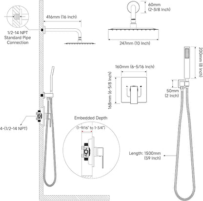 EMBATHER Shower System,10" Shower Faucet Set with Rain Shower Head and Handheld Spray Combo,Included Valve and Trim Kit,Brushed Nickel