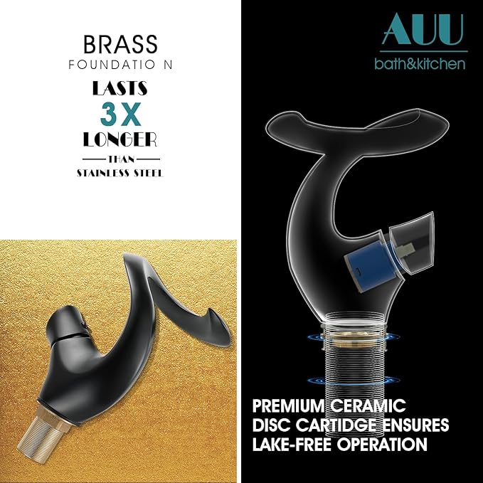 Elegant Alien Matte Black Bathroom Sink Faucet Single Hole,AUU Waterfall Black Vanity Sink Faucet Solid Brass,Single Handle Basin Tap with Pop Up Drian&Deck Plate