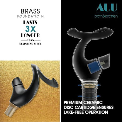 Elegant Alien Matte Black Bathroom Sink Faucet Single Hole,AUU Waterfall Black Vanity Sink Faucet Solid Brass,Single Handle Basin Tap with Pop Up Drian&Deck Plate