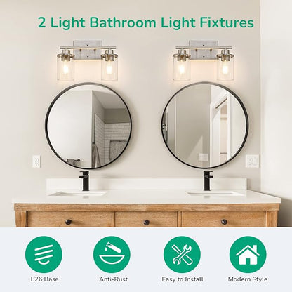 EDISHINE 2-Light Brushed Nickel Bathroom Vanity Light, Modern Wall Sconces | E26 Base, Modern & Elegant Design for Bathroom, Powder Room, Bedroom, Kitchen