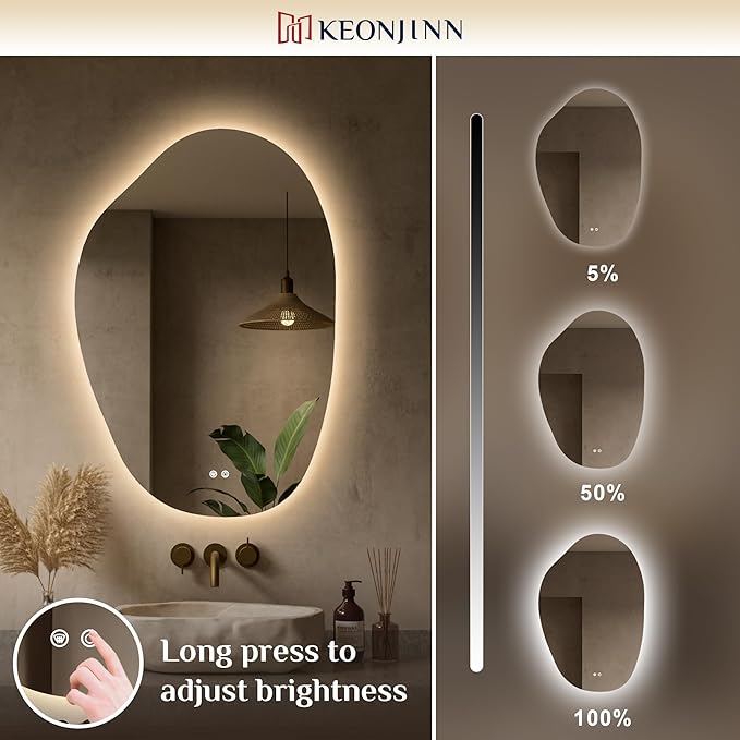 Keonjinn Irregular Backlit Mirror Bathroom, 24 x 36 in Asymmetrical LED Bathroom Mirror with Tempered Glass, UL-Listed LED Driver, Stepless Dimmable with 3 Colors, Defogging(Horizontal/Vertical)