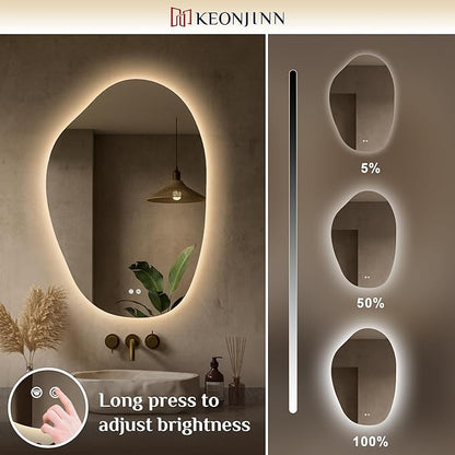 Keonjinn Irregular Backlit Mirror Bathroom, 24 x 36 in Asymmetrical LED Bathroom Mirror with Tempered Glass, UL-Listed LED Driver, Stepless Dimmable with 3 Colors, Defogging(Horizontal/Vertical)